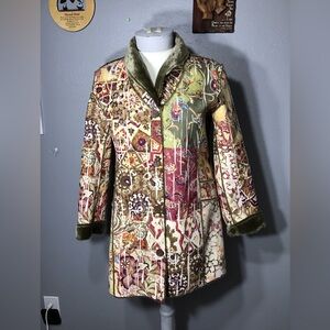 Vintage Chico’s Paisley Print Faux Fur- Line Coat Jacket  Boho Art To Wear Sz 2
